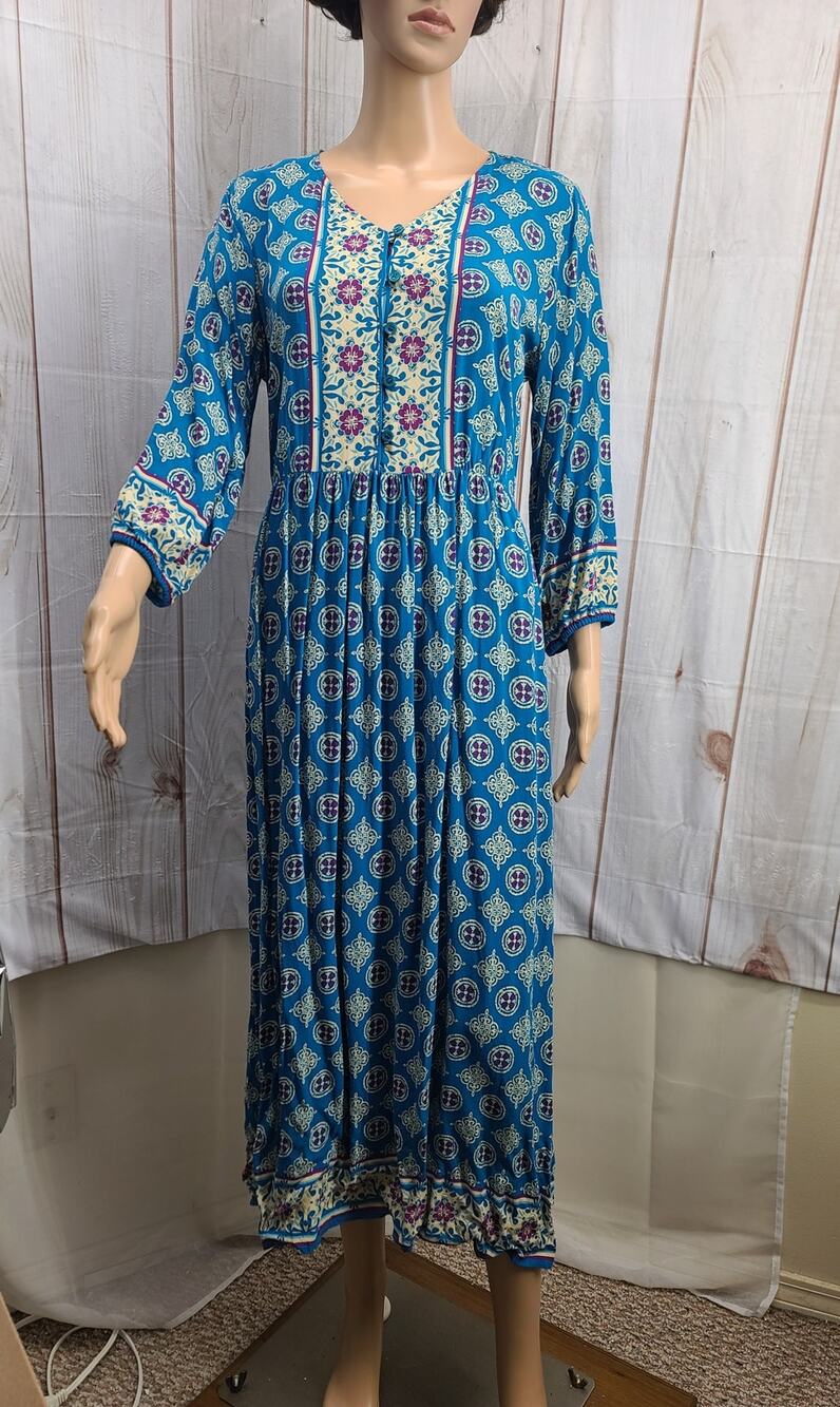 Coldwater Creek Women PS Boho Peasant Rayon Midi Dress 3/4 Sleeve Empire Waist